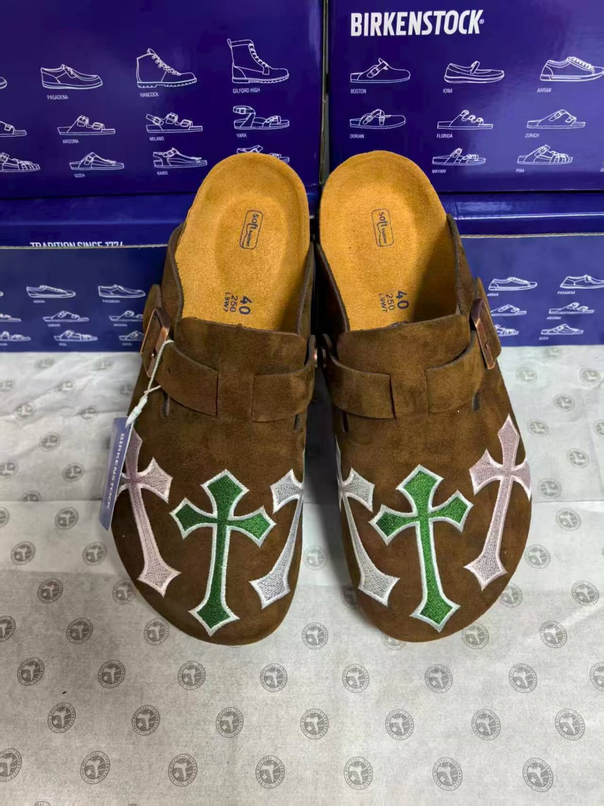 Birkenstock Boston Clog 'Chrome Hearts Custom - Brown Suede Multi-Color Cross
